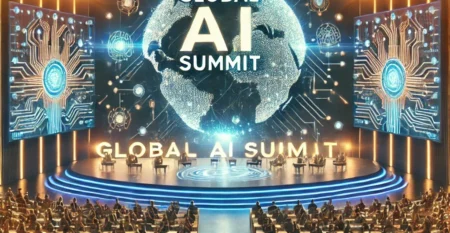 DALL·E 2024-09-05 23.12.43 – A dynamic and futuristic scene showcasing a ‘Global AI Summit’ event. The setting includes a large, modern conference hall with a central stage featur
