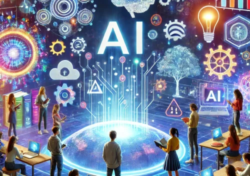 DALL·E 2024-09-17 06.44.04 - A vibrant and futuristic scene showing students from diverse backgrounds interacting with AI technology. The setting includes holographic displays, AI