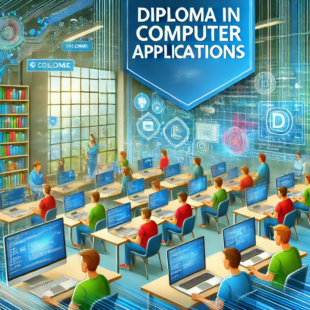 DALL·E 2024-11-05 20.49.14 – A vibrant and engaging graphic design representing a Diploma in Computer Applications course. The image features a modern classroom setting with stude